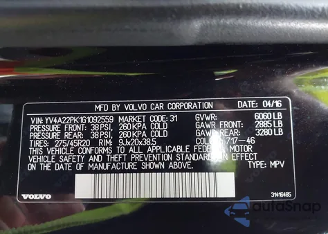 2016 Volvo Xc90 T6 Momentum из США, поврежденный, VIN YV4A22PK1G1092559